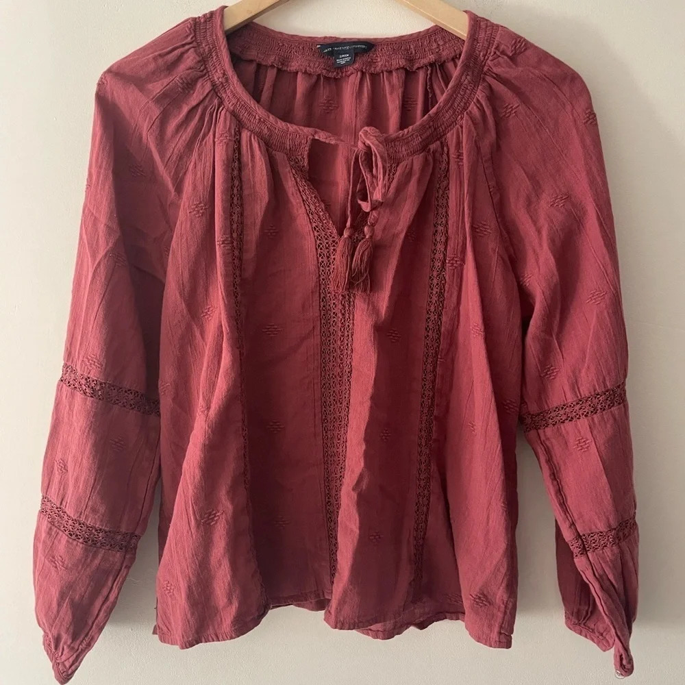 American Eagle Maroon Boho‎ Smock Long Sleeve Top